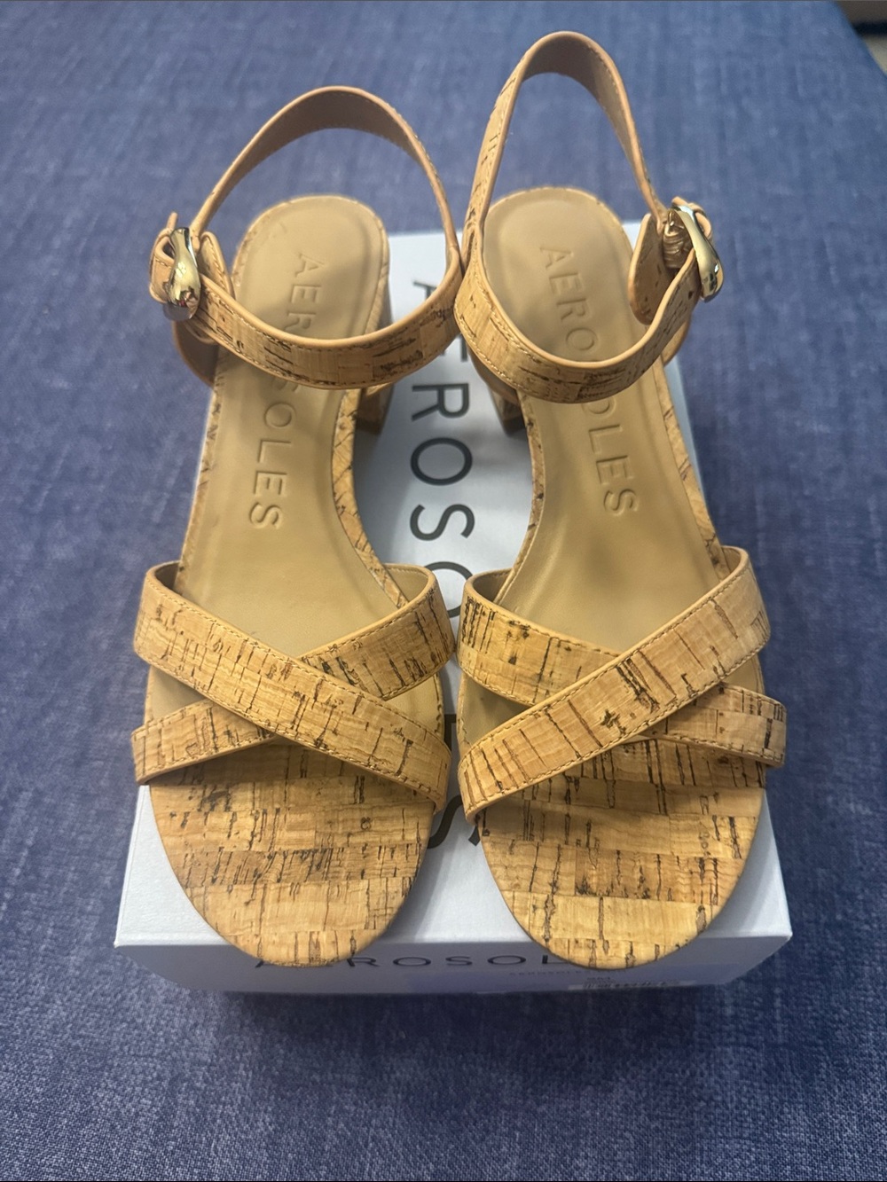 AEROSOLES Cork-Pattern Crisscross Wedge Sandals - Tan